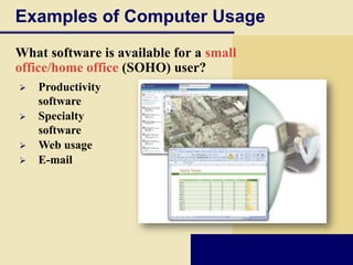 Examples of Computer Usage
What software is available for a small
office/home office (SOHO) user?
   Productivity
    software
   Specialty
    software
   Web usage
   E-mail
 
