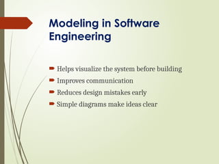Modeling in Software
Engineering
 Helps visualize the system before building
 Improves communication
 Reduces design mistakes early
 Simple diagrams make ideas clear
 