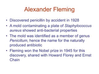 Alexander Fleming
• Discovered penicillin by accident in 1928
• A mold contaminating a plate of Staphylococcus
aureus showed anti-bacterial properties
• The mold was identified as a member of genus
Penicillum, hence the name for the naturally
produced antibiotic
• Fleming won the Nobel prize in 1945 for this
discovery, shared with Howard Florey and Ernst
Chain
 
