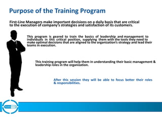 Purpose of the Training Program
First-Line Managers make important decisions on a daily basis that are critical
to the execution of company’s strategies and satisfaction of its customers.
This program is geared to train the basics of leadership and management to
individuals in this critical position, supplying them with the tools they need to
make optimal decisions that are aligned to the organization’s strategy and lead their
teams in execution.
This training program will help them in understanding their basic management &
leadership roles in the organization.
After this session they will be able to focus better their roles
& responsibilities.
 
