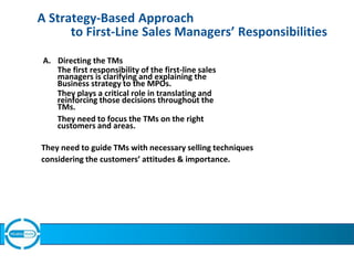 A Strategy-Based Approach
to First-Line Sales Managers’ Responsibilities
A. Directing the TMs
The first responsibility of ...