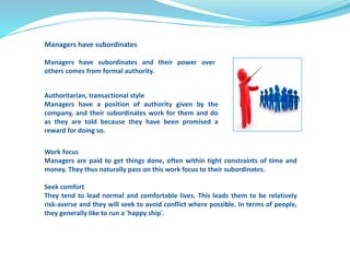 Managers have subordinates 
Managers have subordinates and their power over 
others comes from formal authority. 
Authoritarian, transactional style 
Managers have a position of authority given by the 
company, and their subordinates work for them and do 
as they are told because they have been promised a 
reward for doing so. 
Work focus 
Managers are paid to get things done, often within tight constraints of time and 
money. They thus naturally pass on this work focus to their subordinates. 
Seek comfort 
They tend to lead normal and comfortable lives. This leads them to be relatively 
risk-averse and they will seek to avoid conflict where possible. In terms of people, 
they generally like to run a 'happy ship'. 
 