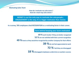 Motivating Sales Team 
How do I motivate my sales team ? 
How do I retain top sales talent ? 
MONEY is not the only way to motivate the salespeople ; 
ENGAGEMENT is the way, it is a bigger motivator than money 
In a survey, 78% employees cited RECOGNITION as a motivating factor in their career. 
Facts behind keeping your team motivated 
69 %work harder if they are better recognized 
52 %are not satisfied with their current recognition 
49 % leave as they would be recognized by another company for their efforts 
39 %do not feel appreciated at work 
72 % feel they are disengaged 
18 %disengaged employees undermine co-workers success 
 