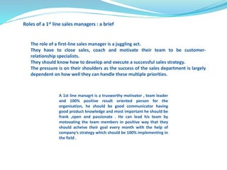 Roles of a 1st line sales managers : a brief 
The role of a first-line sales manager is a juggling act. 
They have to close sales, coach and motivate their team to be customer-relationship 
specialists. 
They should know how to develop and execute a successful sales strategy. 
The pressure is on their shoulders as the success of the sales department is largely 
dependent on how well they can handle these multiple priorities. 
A 1st line managrt is a trusworthy motivator , team leader 
and 100% positive result oriented person for the 
organisation, he should be good communicator having 
good product knowledge and most important he should be 
frank ,open and passionate . He can lead his team by 
motovating the team members in positive way that they 
should acheive their goal every month with the help of 
company's strategy which should be 100% implementing in 
the field . 
 