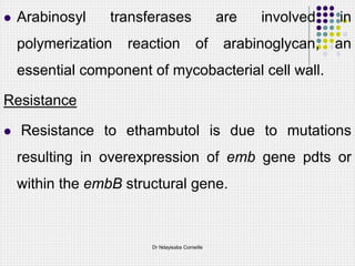  Arabinosyl transferases are involved in
polymerization reaction of arabinoglycan, an
essential component of mycobacterial cell wall.
Resistance
 Resistance to ethambutol is due to mutations
resulting in overexpression of emb gene pdts or
within the embB structural gene.
Dr Ndayisaba Corneille
 