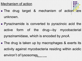 Mechanism of action
 The drug target & mechanism of action are
unknown.
 Pyrazinamide is converted to pyrazinoic acid the
active form of the drug—by mycobacterial
pyrazinamidase, which is encoded by pncA.
 The drug is taken up by macrophages & exerts its
activity against mycobacteria residing within acidic
environ’t of lysosomes.
Dr Ndayisaba Corneille
 