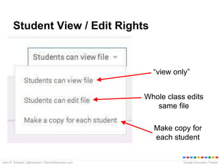 Google Education TrainerJohn R. Sowash | @jrsowash | ElectricEducator.com
Student View / Edit Rights
“view only”
Whole class edits
same file
Make copy for
each student
 