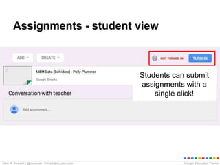 Google Education TrainerJohn R. Sowash | @jrsowash | ElectricEducator.com
Assignments - student view
Students can submit
assignments with a
single click!
 