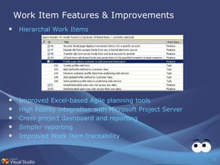 Work Item Features & Improvements Hierarchal Work Items Improved Excel-based Agile planning tools   High fidelity integration with Microsoft Project Server Cross project dashboard and reporting Simpler reporting Improved Work Item traceability 