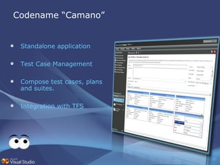 Codename “Camano” Standalone application Test Case Management Compose test cases, plans and suites. Integration with TFS 