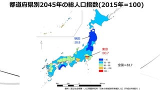 都道府県別2045年の総人口指数(2015年=100)
 