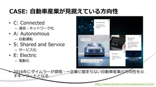 • C: Connected
– 通信・ネットワーク化
• A: Autonomous
– 自動運転
• S: Shared and Service
– サービス化
• E: Electric
– 電動化
• 2016年にダイムラーが提唱・一企業に留まらない自動車産業の方向性を示
すキーワードとなる
CASE: 自動車産業が見据えている方向性
https://www.daimler.com/innovation/case-2.html
 