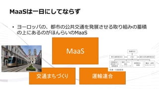 • ヨーロッパの、都市の公共交通を発展させる取り組みの蓄積
の上にあるのがほんらいのMaaS
MaaSは一日にしてならず
交通まちづくり 運輸連合
MaaS
 