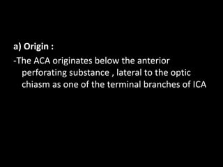 a) Origin :
-The ACA originates below the anterior
perforating substance , lateral to the optic
chiasm as one of the terminal branches of ICA
 