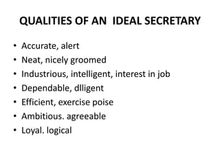 QUALITIES OF AN IDEAL SECRETARY
•
•
•
•
•
•
•

Accurate, alert
Neat, nicely groomed
Industrious, intelligent, interest in job
Dependable, dlligent
Efficient, exercise poise
Ambitious. agreeable
Loyal. logical

 