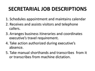 SECRETARIAL JOB DESCRIPTIONS
1. Schedules appointment and maintains calendar
2. Receives and assists visitors and telephone
callers.
3. Arranges business itineraries and coordinates
executive’s travel requirement.
4. Take action authorized during executive’s
absence.
5. Take manual shorthands and transcribes from it
or transcribes from machine dictation.

 