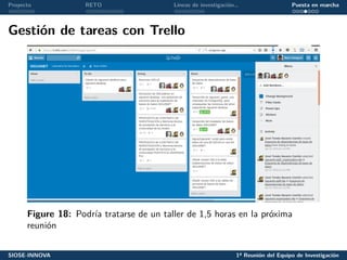 Proyecto RETO Líneas de investigación… Puesta en marcha
Gestión de tareas con Trello
Figure 18: Podría tratarse de un taller de 1,5 horas en la próxima
reunión
SIOSE-INNOVA 1ª Reunión del Equipo de Investigación
 