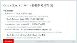 Copyright © 2018, Oracle and/or its affiliates. All rights reserved.
Oracle Cloud Platform – 各種参考資料 (2)
 公開文書：
• Oracle C...