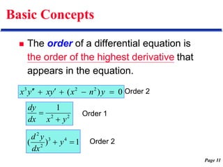Page 11
Basic Concepts
 The order of a differential equation is
the order of the highest derivative that
appears in the equation.
0
)
( 2
2
3






 y
n
x
y
x
y
x Order 2
2
2
1
y
x
dx
dy

 Order 1
1
)
( 4
3
2
2

 y
dx
y
d
Order 2
 