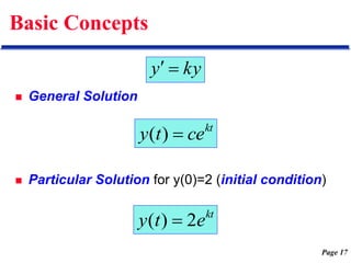 Page 17
Basic Concepts
 General Solution
 Particular Solution for y(0)=2 (initial condition)
kt
ce
t
y 
)
(
kt
e
t
y 2
)
( 
ky
y 

 