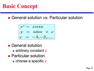Page 15
Basic Concept
 General solution vs. Particular solution
 General solution
 arbitrary constant c
 Particular solution
 choose a specific c
,....
2
,
3
'






c
c
sinx
y
cosx
y
 
