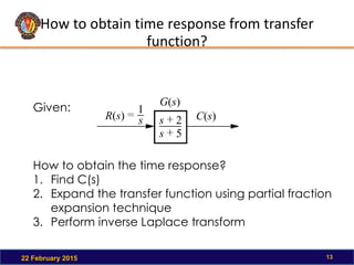 How to obtain time response from transfer
function?
22 February 2015 13
Given:
How to obtain the time response?
1. Find C(s)
2. Expand the transfer function using partial fraction
expansion technique
3. Perform inverse Laplace transform
 