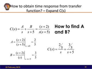 How to obtain time response from transfer
function? – Expand C(s)
22 February 2015 22
)
5
(
)
2
(
5
)
(






s
s
s
s
B
s
A
s
C
5
2
)
5
(
)
2
(
0





s
s
s
A
5
3
)
(
)
2
(
5





s
s
s
B
5
5
3
5
2
)
(



s
s
s
C
How to find A
and B?
 