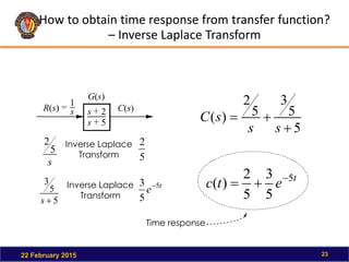 How to obtain time response from transfer function?
– Inverse Laplace Transform
22 February 2015 23
5
5
3
5
2
)
(



s
s
s
C
s
5
2 Inverse Laplace
Transform 5
2
5
5
3

s
Inverse Laplace
Transform
t
e 5
5
3 
t
e
t
c 5
5
3
5
2
)
( 


Time response
 