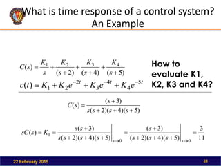 What is time response of a control system?
An Example
22 February 2015 28
)
5
(
)
4
(
)
2
(
)
( 4
3
2
1







s
K
s
K
s
K
s
K
s
C
t
t
t
e
K
e
K
e
K
K
t
c 5
4
4
3
2
2
1
)
( 






How to
evaluate K1,
K2, K3 and K4?
)
5
)(
4
)(
2
(
)
3
(
)
(





s
s
s
s
s
s
C
11
3
)
5
)(
4
)(
2
(
)
3
(
)
5
)(
4
)(
2
(
)
3
(
)
(
0
0
1 












 s
s
s
s
s
s
s
s
s
s
s
s
K
s
sC
 