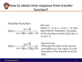 How to obtain time response from transfer
function?
22 February 2015 9
Transfer Function
)
3
)(
2
)(
5
(
)
3
(
)
(





s
s
s
s
s
G
First rule:
When s = -5, or s = -2 or s = -3, then,
G(s)=infinity! Therefore, the poles
of the transfer function G(s) are -5,
-2 and -3.
)
3
)(
2
)(
5
(
)
3
(
)
(





s
s
s
s
s
G
Second rule:
Although the term (s+3) can be
cancelled out, the value -3 is still
the poles of the transfer function
G(s).
 