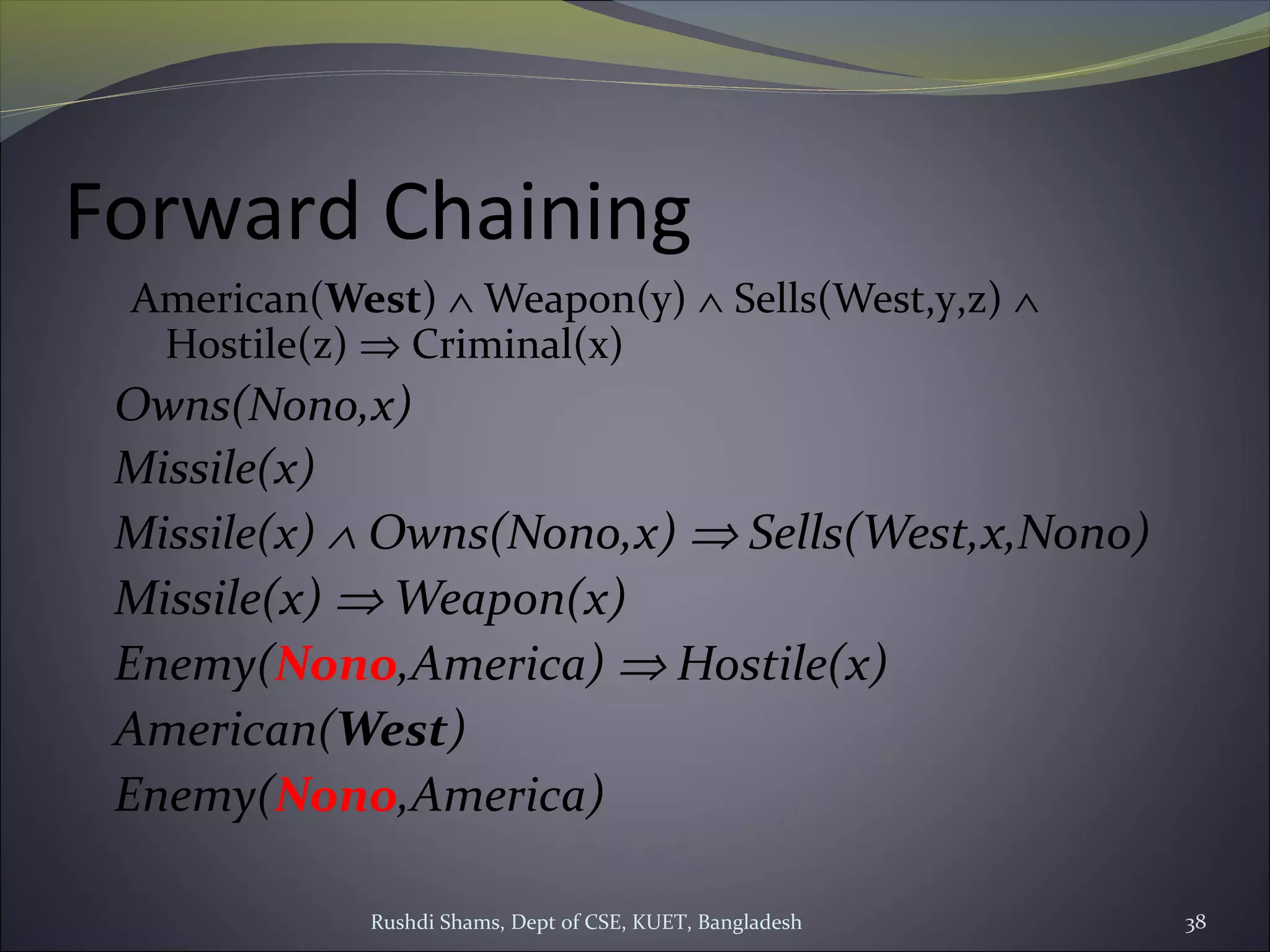 Rushdi Shams, Dept of CSE, KUET, Bangladesh 38
Forward Chaining
American(West) ∧ Weapon(y) ∧ Sells(West,y,z) ∧
Hostile(z) ⇒ Criminal(x)
Owns(Nono,x)
Missile(x)
Missile(x) ∧ Owns(Nono,x) ⇒ Sells(West,x,Nono)
Missile(x) ⇒ Weapon(x)
Enemy(Nono,America) ⇒ Hostile(x)
American(West)
Enemy(Nono,America)
 