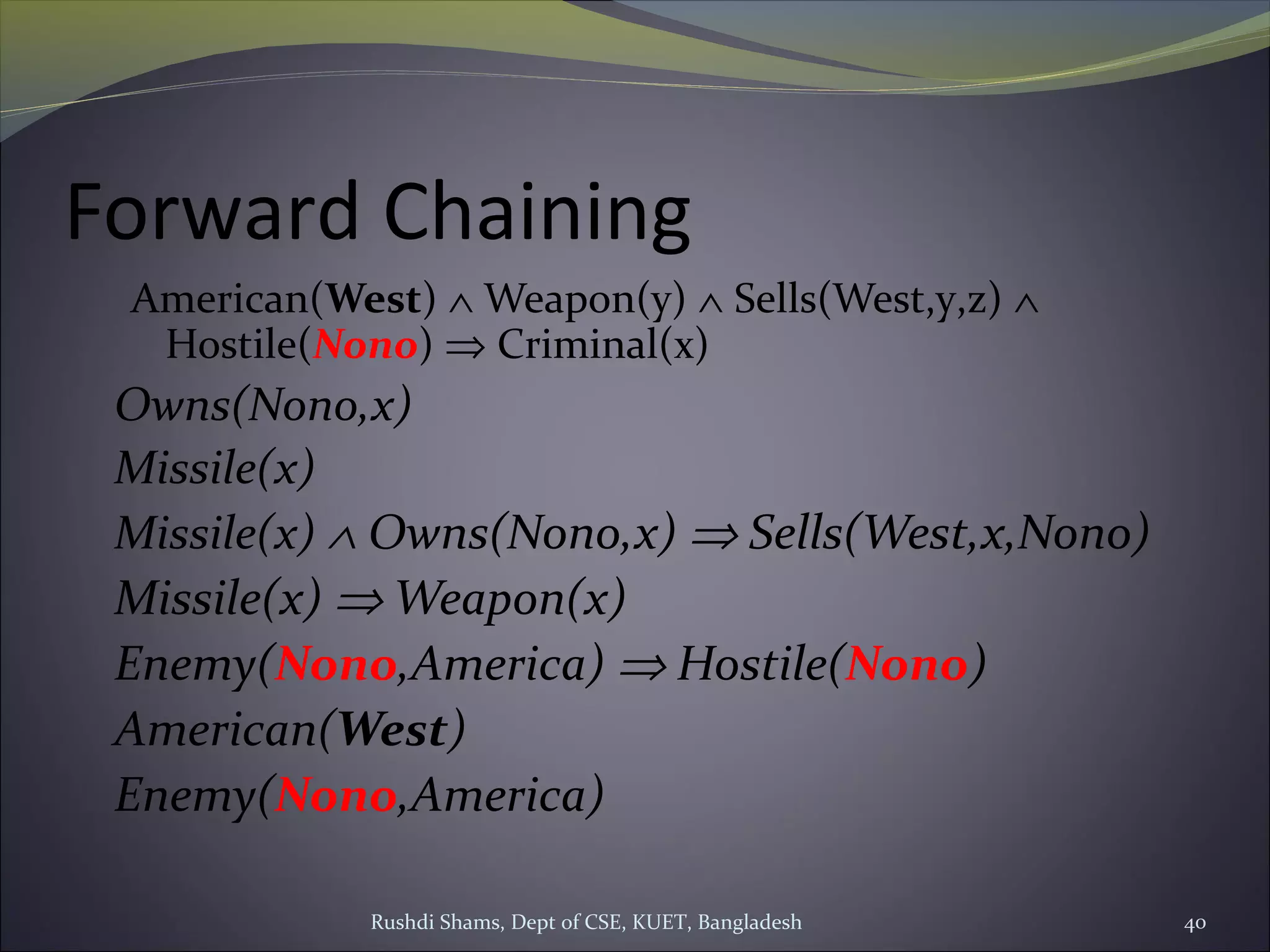 Rushdi Shams, Dept of CSE, KUET, Bangladesh 40
Forward Chaining
American(West) ∧ Weapon(y) ∧ Sells(West,y,z) ∧
Hostile(Nono) ⇒ Criminal(x)
Owns(Nono,x)
Missile(x)
Missile(x) ∧ Owns(Nono,x) ⇒ Sells(West,x,Nono)
Missile(x) ⇒ Weapon(x)
Enemy(Nono,America) ⇒ Hostile(Nono)
American(West)
Enemy(Nono,America)
 