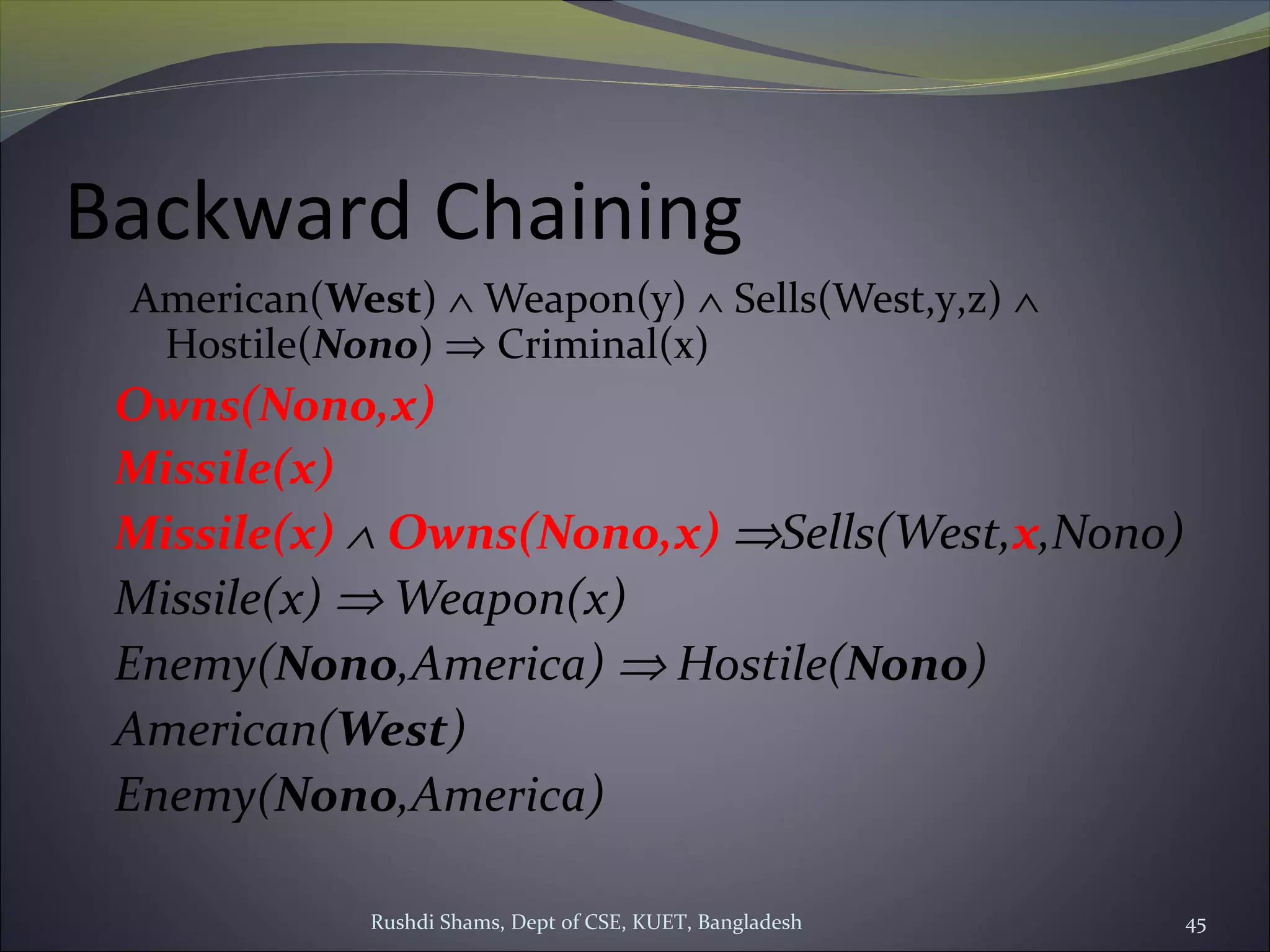 Rushdi Shams, Dept of CSE, KUET, Bangladesh 45
Backward Chaining
American(West) ∧ Weapon(y) ∧ Sells(West,y,z) ∧
Hostile(Nono) ⇒ Criminal(x)
Owns(Nono,x)
Missile(x)
Missile(x) ∧ Owns(Nono,x) ⇒Sells(West,x,Nono)
Missile(x) ⇒ Weapon(x)
Enemy(Nono,America) ⇒ Hostile(Nono)
American(West)
Enemy(Nono,America)
 