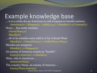 Rushdi Shams, Dept of CSE, KUET, Bangladesh 32
Example knowledge base
... it is a crime for an American to sell weapons to hostile nations:
American(x) ∧ Weapon(y) ∧ Sells(x,y,z) ∧ Hostile(z) ⇒ Criminal(x)
Nono … has some missiles,
Owns(Nono,x)
Missile(x)
… all of its missiles were sold to it by Colonel West
Missile(x) ∧ Owns(Nono,x) ⇒ Sells(West,x,Nono)
Missiles are weapons:
Missile(x) ⇒ Weapon(x)
An enemy of America counts as "hostile“:
Enemy(x,America) ⇒ Hostile(x)
West, who is American …
American(West)
The country Nono, an enemy of America …
Enemy(Nono,America)
 