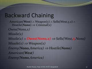 Rushdi Shams, Dept of CSE, KUET, Bangladesh 42
Backward Chaining
American(West) ∧ Weapon(y) ∧ Sells(West,y,z) ∧
Hostile(Nono) ⇒ Criminal(x)
Owns(Nono,x)
Missile(x)
Missile(x) ∧ Owns(Nono,x) ⇒ Sells(West,x,Nono)
Missile(x) ⇒ Weapon(x)
Enemy(Nono,America) ⇒ Hostile(Nono)
American(West)
Enemy(Nono,America)
 