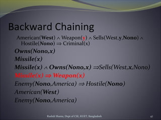 Rushdi Shams, Dept of CSE, KUET, Bangladesh 47
Backward Chaining
American(West) ∧ Weapon(y) ∧ Sells(West,y,Nono) ∧
Hostile(Nono) ⇒ Criminal(x)
Owns(Nono,x)
Missile(x)
Missile(x) ∧ Owns(Nono,x) ⇒Sells(West,x,Nono)
Missile(x) ⇒ Weapon(x)
Enemy(Nono,America) ⇒ Hostile(Nono)
American(West)
Enemy(Nono,America)
 