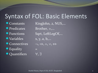 Rushdi Shams, Dept of CSE, KUET, Bangladesh 5
Syntax of FOL: Basic Elements
Constants KingJohn, 2, NUS,...
Predicates Brother, >,...
Functions Sqrt, LeftLegOf,...
Variables x, y, a, b,...
Connectives ¬, ⇒, ∧, ∨, ⇔
Equality =
Quantifiers ∀, ∃
 