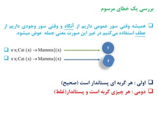 ‫بررسیĬ‫یک‬‫خطای‬‫مرسوم‬
‫همیشه‬‫وقتی‬‫سور‬‫عمومی‬‫داریم‬‫از‬‫آنگاه‬‫و‬‫وقتی‬‫سور‬‫وجودی‬‫داریم‬‫از‬
‫عطف‬‫استفاده‬‫کنیم‬‫می‬‫در‬‫غیر‬‫این‬‫صورت‬‫معنی‬‫جمله‬‫عوض‬‫میشود‬.
 S
 s
‫اولی‬:‫هر‬‫گربه‬‫ای‬‫پستاندار‬‫است‬(‫صحیح‬)
‫دومی‬:‫هر‬‫چیزی‬‫گربه‬‫است‬‫و‬‫پستاندار‬(‫غلط‬)
T
F
 