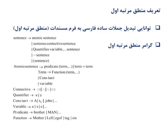 ‫اول‬ ‫مرتبه‬ ‫منطق‬ ‫تعریف‬
‫مسندات‬ ‫فرم‬ ‫به‬ ‫فارسی‬ ‫ساده‬ ‫جمالت‬ ‫تبدیل‬ ‫توانایی‬(‫او‬ ‫مرتبه‬ ‫منطق‬‫ل‬)
‫اول‬ ‫مرتبه‬ ‫منطق‬ ‫گرامر‬
 