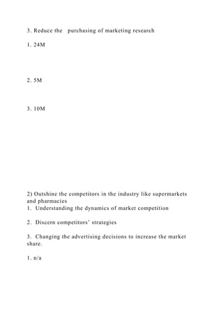 3. Reduce the purchasing of marketing research
1. 24M
2. 5M
3. 10M
2) Outshine the competitors in the industry like supermarkets
and pharmacies
1. Understanding the dynamics of market competition
2. Discern competitors’ strategies
3. Changing the advertising decisions to increase the market
share.
1. n/a
 