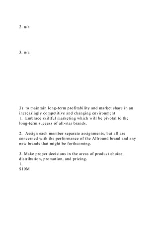 2. n/a
3. n/a
3) to maintain long-term profitability and market share in an
increasingly competitive and changing environment
1. Embrace skillful marketing which will be pivotal to the
long-term success of all-star brands.
2. Assign each member separate assignments, but all are
concerned with the performance of the Allround brand and any
new brands that might be forthcoming.
3. Make proper decisions in the areas of product choice,
distribution, promotion, and pricing.
1.
$10M
 