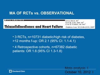 MA OF RCTs vs. OBSERVATIONAL




 • 3 RCTs, n=10731 diabetic/high risk of diabetes,
 >12 months f-up: OR 2.1 (95% CI: 1.1-4.1)
 • 4 Retrospective cohorts, n=67382 diabetic
 patients: OR 1.6 (95% CI 1.3-1.8)




                                    Meta-analysis l
                                    October 10, 2012 l
 