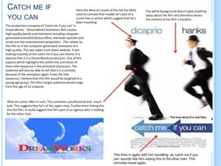 CATCH ME IF                                        Here the Mise-en-scene of the hat has been        The white background doesn’t give anything
                                                    used to connate that maybe he's part of a         away about the film and therefore leaves
 YOU CAN                                            cruise line or airline which suggest that he's    the content of the film a mystery.
                                                    been travelling
The production company of ‘Catch me if you can’ is
DreamWorks. ‘ DreamWorks Animation SKG creates
high-quality family entertainment including computer-
generated animated feature films, television specials and
series and live entertainment properties’. This relates to
this film as it has computer generated animation of a
high quality. This was taken from there website. From
looking instantly at the catch me if you can theme, it is
obvious that it is a DreamWorks production. One of the
aspects which highlights this within the animation of
there title sequence is the animated characters. The
audience will also be able to tell that it is a comedy
because of the animation again. From the title
sequence, I believe that this film would be targeted to a
young age group. This films target audience would range
from the age of 12 onwards.



 Mise-en-scene: Men in suits. This connotes a professional and smart
look. This suggests that he's of the upper class. Furthermore linking this
into the film, it could suggest that he's part of an agency who is looking
for the other man.




                                                                                This links in again with him travelling as ‘catch me if you
                                                                                can’ sounds like he's saying this to the other man. This
                                                                                connotes travel again.
 