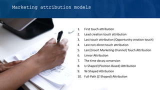 1. First touch attribution
2. Lead creation touch attribution
3. Last touch attribution (Opportunity creation touch)
4. Last non-direct touch attribution
5. Last [Insert Marketing Channel] Touch Attribution
6. Linear Attribution
7. The time decay conversion
8. U-Shaped (Position-Based) Attribution
9. W-Shaped Attribution
10. Full-Path (Z-Shaped) Attribution
Marketing attribution models
 
