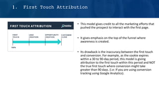 1. First Touch Attribution
• This model gives credit to all the marketing efforts that
pushed the prospect to interact with the first page.
• It gives emphasis on the top of the funnel where
awareness is created.
• Its drawback is the inaccuracy between the first touch
and conversion. For example, as the cookie expires
within a 30 to 90-day period, this model is giving
attribution to the first touch within this period and NOT
the true first touch where conversion might take
greater than 90 days. (i.e: If you are using conversion
tracking using Google Analytics).
 