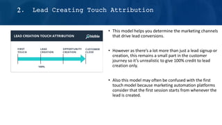 • This model helps you determine the marketing channels
that drive lead conversions.
• However as there’s a lot more than just a lead signup or
creation, this remains a small part in the customer
journey so it’s unrealistic to give 100% credit to lead
creation only.
• Also this model may often be confused with the first
touch model because marketing automation platforms
consider that the first session starts from whenever the
lead is created.
2. Lead Creating Touch Attribution
 