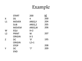 Example
START 200
X DS 4
L1 MOVER AREG,Y
SUB AREG,Z
MOVEM AREG,W
W EQU X+2
L2 PRINT W
ORIGIN X-5
Z DC ‘9’
ORIGIN L2+1
STOP
Y DC ‘7’
END
LC
200
204
205
206
207
195
208
209
 