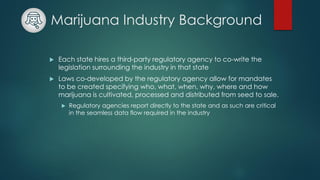 Marijuana Industry Background
 Each state hires a third-party regulatory agency to co-write the
legislation surrounding the industry in that state
 Laws co-developed by the regulatory agency allow for mandates
to be created specifying who, what, when, why, where and how
marijuana is cultivated, processed and distributed from seed to sale.
 Regulatory agencies report directly to the state and as such are critical
in the seamless data flow required in the industry
 