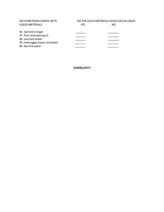 SOLID MATERIALSMIXED WITH DID THE SOLID MATERIALS DISSOLVEDIN LIQUID
LIQUID MATERIALS YES NO
36. Saltand vinegar _______ ________
37. flourandcookingoil _______ ________
38. sandand water _______ ________
39. malunggayleavesandwater _______ ________
40. dye and water _______ ________
GOODLUCK!!!
 