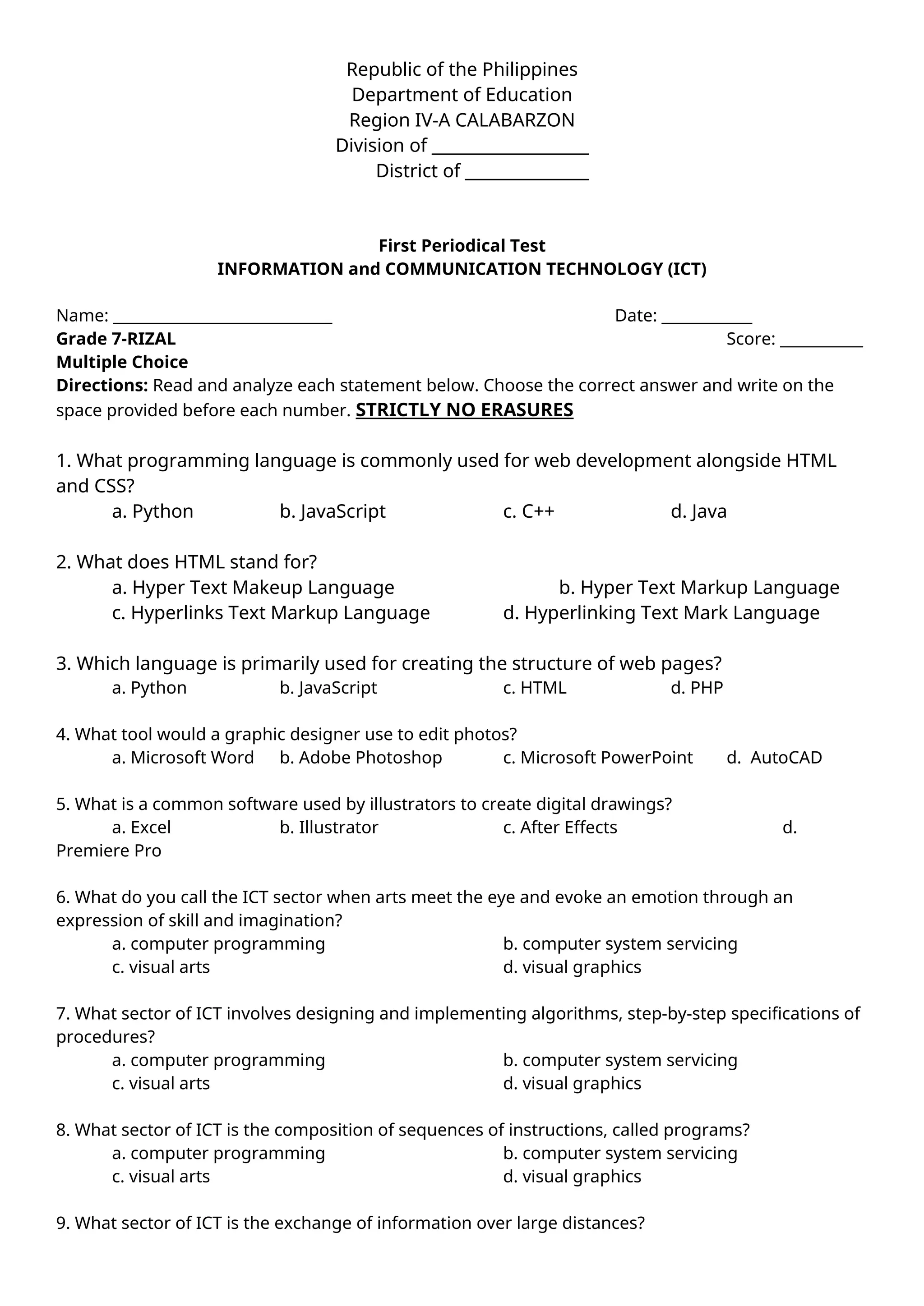 First Periodical Test in Grade 7 ICT - MATATAG Curriculum with answer ...